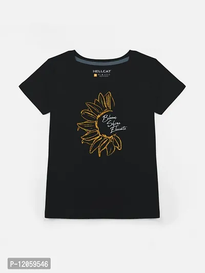 Stylish Black Cotton Blend Printed Tee For Girls