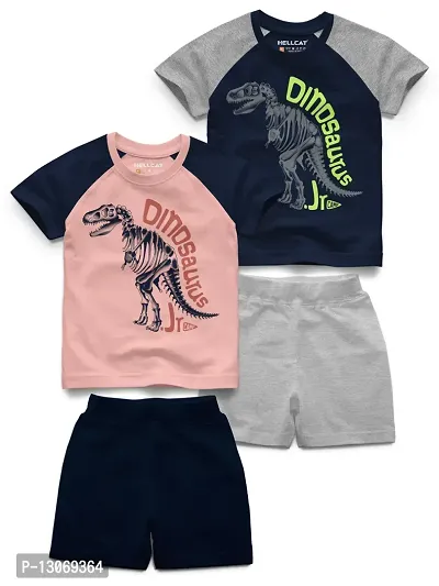 Fabulous Multicoloured Cotton Blend Printed T-Shirts with Shorts For Boys Pack Of 2 Sets