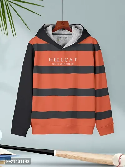 Orange Striped Cotton Blend Hoodie T-shirt For Boys