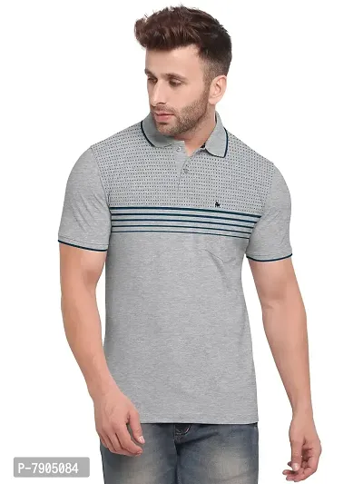 BULLMER Mens Regular Fit Cotton Printed Polo Tshirt/Collared Tshirt - Grey Melange