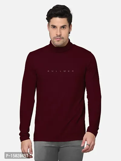 Reliable Maroon Cotton Blend Solid High Neck Tees For Men