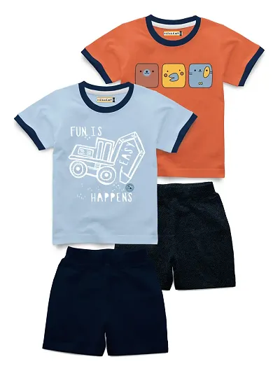 Printed Cotton Blend Half Sleeves T Shirt and Shorts Set Pack of 2