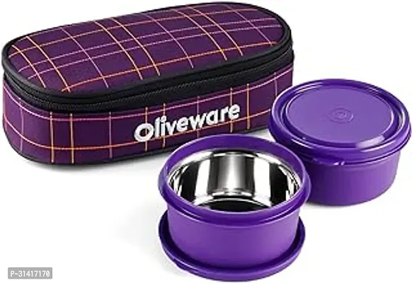 SOPLOLIVEWARE Deniz Lunch Box 2 Inner Steel Containers 450 ml Each Leak Proof And Microwave Safe Insulated Fabric Bag Full Meal And Easy to Carry Violet-thumb0