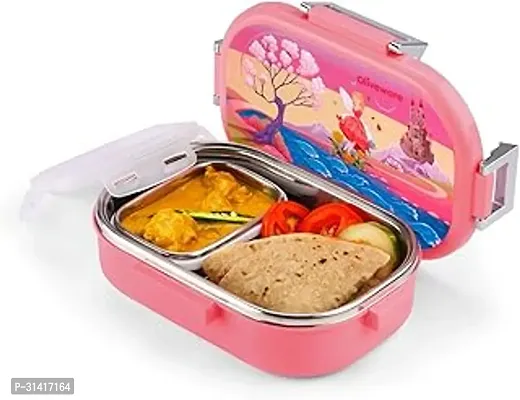 Oliveware Snacky Kids Lunch Box Stainless Steel in 700ml Include Sabzi Container180ml And Steel Spoon Food Grade BPA Free Leak Proof And Colourful Designs Pink