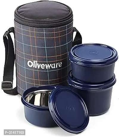 SOPLOLIVEWARE Amber Lunch Box Microwave Safe And Leak Proof 3 Inside Steel Containers with BPA free Lids 2 X 450ml And 600ml Fabric Bag  Blue-thumb0