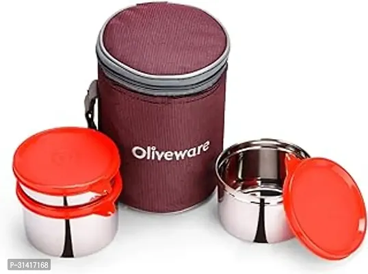 oliveware Angelic Lunch Box Leak Proof 3 Stainless Steel Containers with BPA Free Airtight Lid 2x450ml And 250ml Insulated Fabric Bag  Maroon