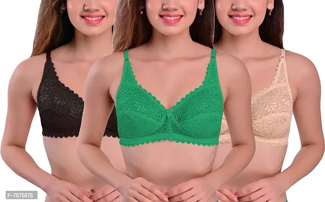 Buy Styfun Cotton Lycra Net Bra Non-padded, Non-wired, Floral Print, Bra  For Women Combo Pack Girls Everyday, Bralette Black Beige Green, Pack Of 3,  Cup B, Size- 32 Online In India At