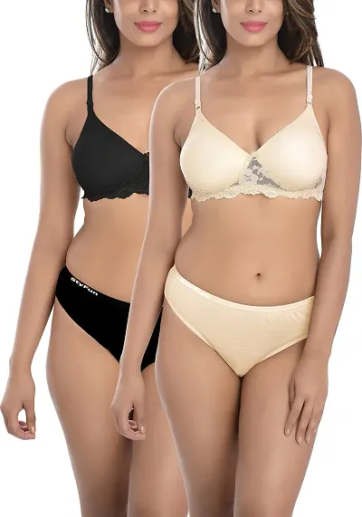 Buy StyFun Padded Bra Panty Set for Women Lace Cotton Non Wired Full  Coverage T-Shirt Shaper Push up Teenage Regular Use Comfortable, Cup- B,  Black Beige, Size- 38 - Lowest price in