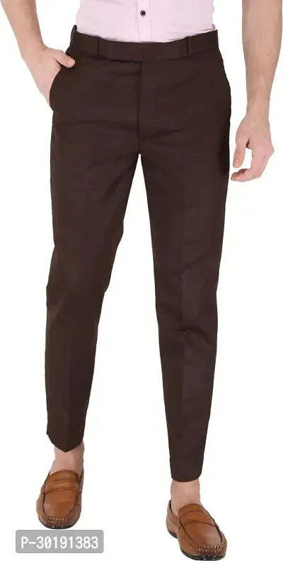 Trendy Brown Cotton Blend Solid Mid-Rise Formal Trouser For Men-thumb0