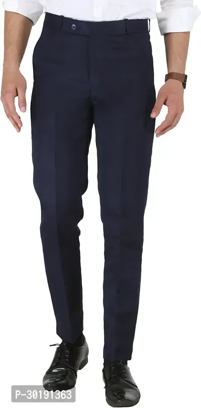 Trendy Blue Cotton Blend Solid Mid-Rise Formal Trouser For Men-thumb0