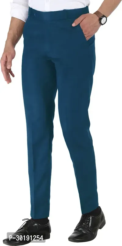 Trendy Blue Cotton Blend Solid Mid-Rise Formal Trouser For Men-thumb4