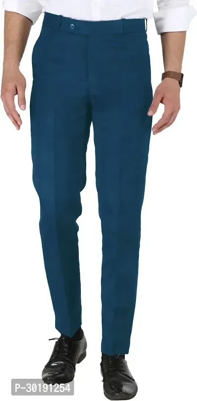 Trendy Blue Cotton Blend Solid Mid-Rise Formal Trouser For Men