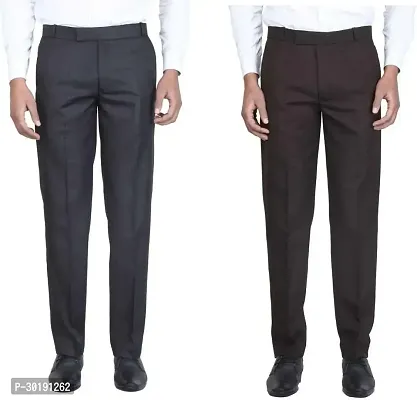 Trendy Multicoloured Cotton Blend Solid Mid-Rise Formal Trouser For Men-Pack Of 2-thumb0