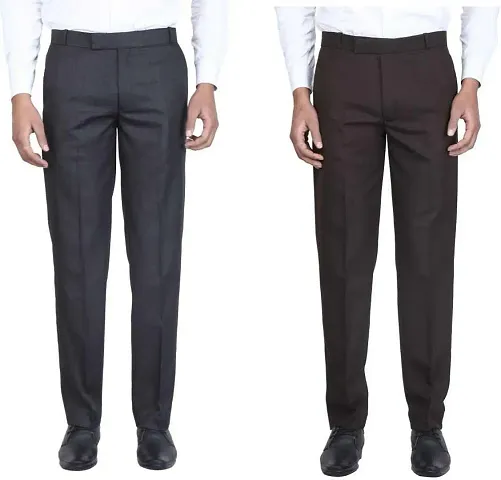 Trendy Blend Solid Mid-Rise Formal Trouser For Men-Pack Of 2