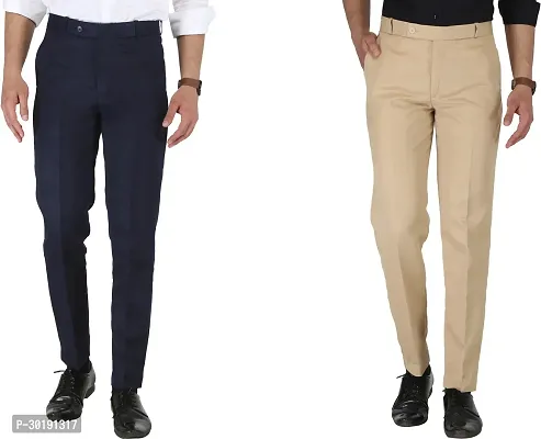 Trendy Multicolored Cotton Blend Solid Mid-Rise Formal Trouser For Men-Pack Of 2-thumb0