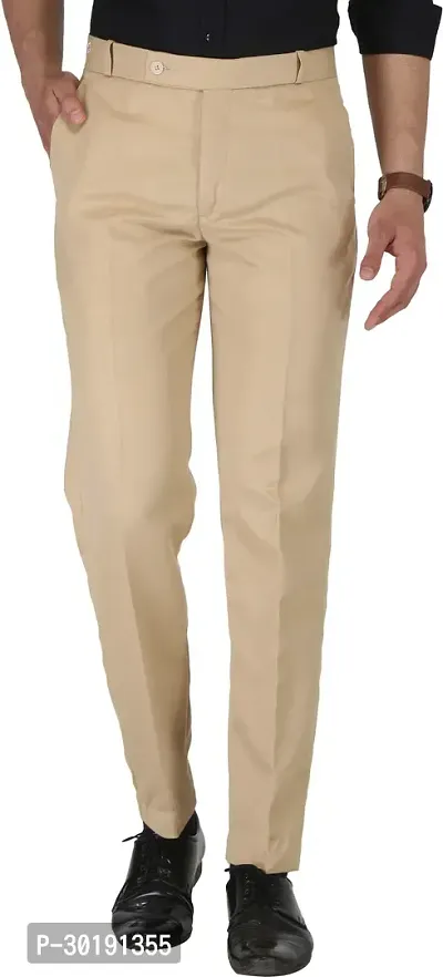 Trendy Beige Cotton Blend Solid Mid-Rise Formal Trouser For Men