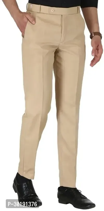 Trendy Beige Cotton Blend Solid Mid-Rise Formal Trouser For Men-thumb3