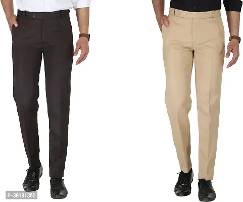 Trendy Multicoloured Cotton Blend Solid Mid-Rise Formal Trouser For Men-Pack Of 2