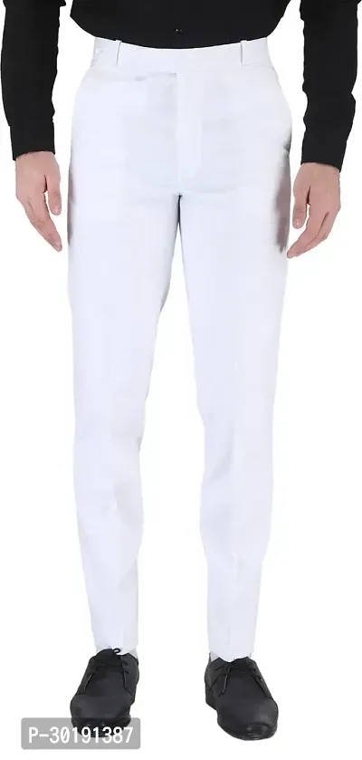 Trendy White Cotton Blend Solid Mid-Rise Formal Trouser For Men