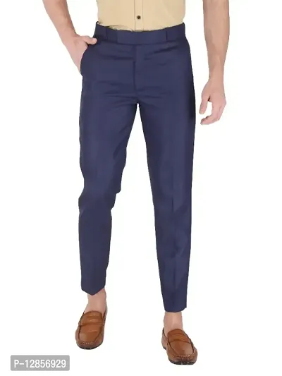 Blue Cotton Blend Mid Rise Formal Trousers