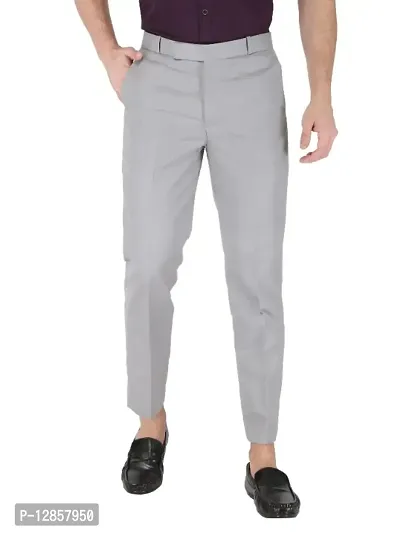 Grey Cotton Blend Mid Rise Formal Trousers For Men