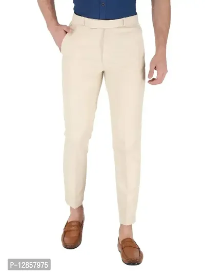 Beige Cotton Blend Mid Rise Formal Trousers