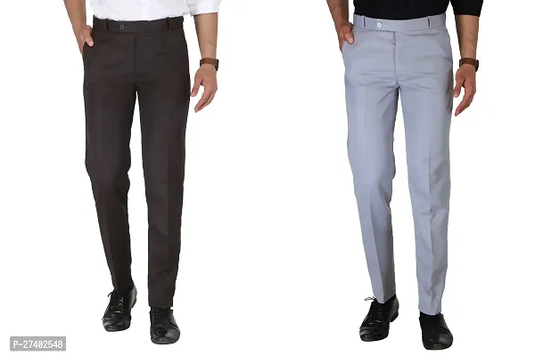 Men Regular Fit Polycotton  Coffee And  Grey Trousers Pack of 2