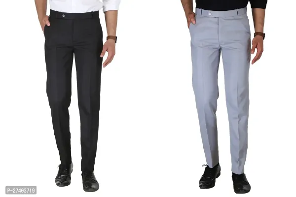 Men Regular Fit Polycotton  Black And  Grey Trousers Pack of 2-thumb0