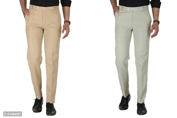 Men Regular Fit Polycotton  Cream And  Pista Trousers Pack of 2