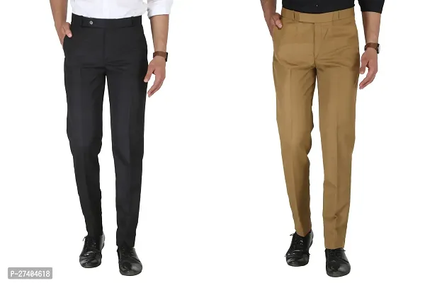 Men Regular Fit Polycotton  Black And  Golden Trousers Pack of 2