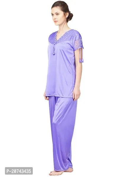 Silky Satin Top And Pyjama Set - Blue (Size - Free )-thumb3