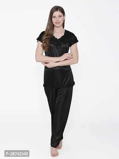 Silky Satin Top And Pyjama Set - Black (Size - Free )