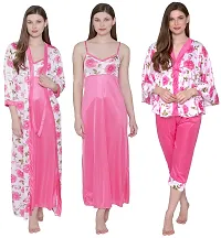 Floral Print Satin Nighty and Robe Set - Pink (Size - Free )-thumb1