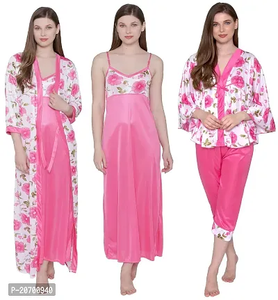 Floral Print Satin Nighty and Robe Set - Pink (Size - Free )-thumb2