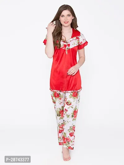 Floral Print Satin Top and Long Leg Pyjama Set - Red (Size - Free )-thumb0