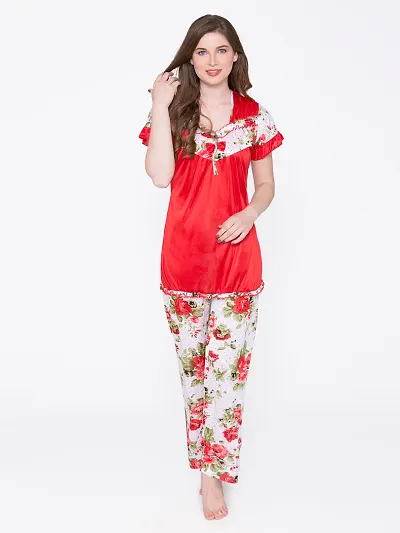 Floral Print Satin Top and Long Leg Pyjama Set For Women