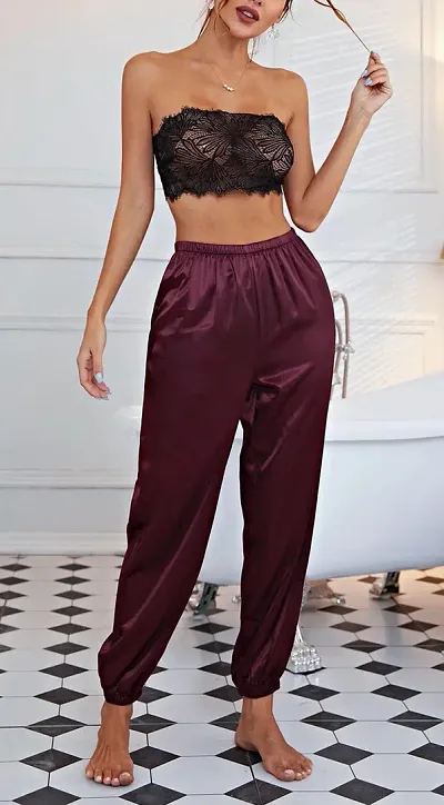 Satin Lace Solid Nightsuit For Women/Bralette Top Pajama Set