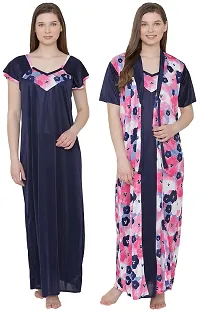 Floral Print Satin Nighty and Robe Set - Multicolor (Size - Free )-thumb1