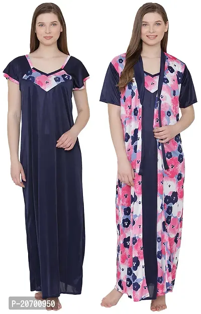 Floral Print Satin Nighty and Robe Set - Multicolor (Size - Free )-thumb2