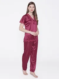 Silky Satin Top And Pyjama Set - Maroon (Size - Free )-thumb2