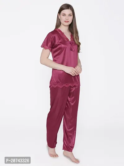 Silky Satin Top And Pyjama Set - Maroon (Size - Free )-thumb3