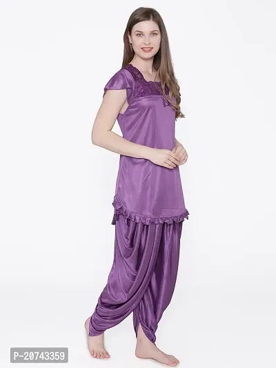 Silky Satin Top And Pyjama Set - Purple (Size - Free )-thumb3