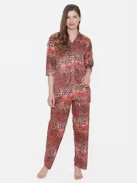 Leopard Print Satin Button Up Shirt and Long Leg Pyjama Set - Red (Size - Free )-thumb1