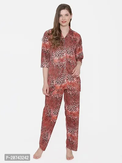 Leopard Print Satin Button Up Shirt and Long Leg Pyjama Set - Red (Size - Free )-thumb2