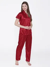 Silky Satin Top And Pyjama Set - Maroon (Size - Free )-thumb2