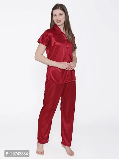 Silky Satin Top And Pyjama Set - Maroon (Size - Free )-thumb3