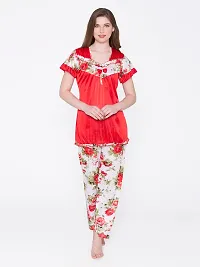 Floral Print Satin Top and Long Leg Pyjama Set - Red (Size - Free )-thumb4