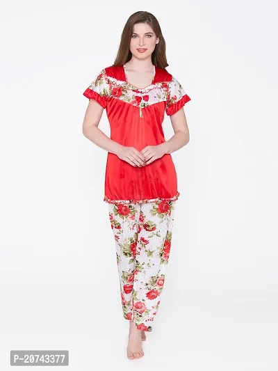 Floral Print Satin Top and Long Leg Pyjama Set - Red (Size - Free )-thumb5