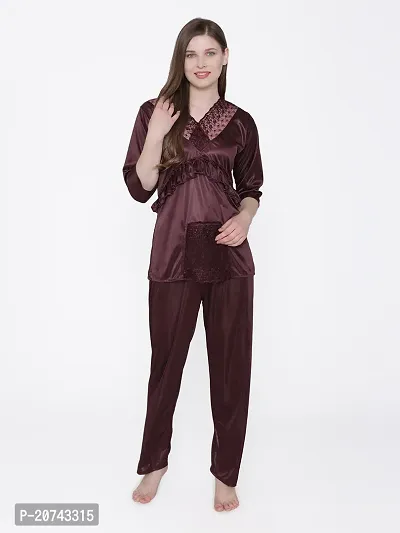 Silky Satin Top And Pyjama Set - Purple (Size - Free )