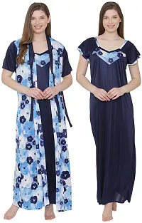 Floral Print Satin Nighty and Robe Set - Multicolor (Size - Free )-thumb1